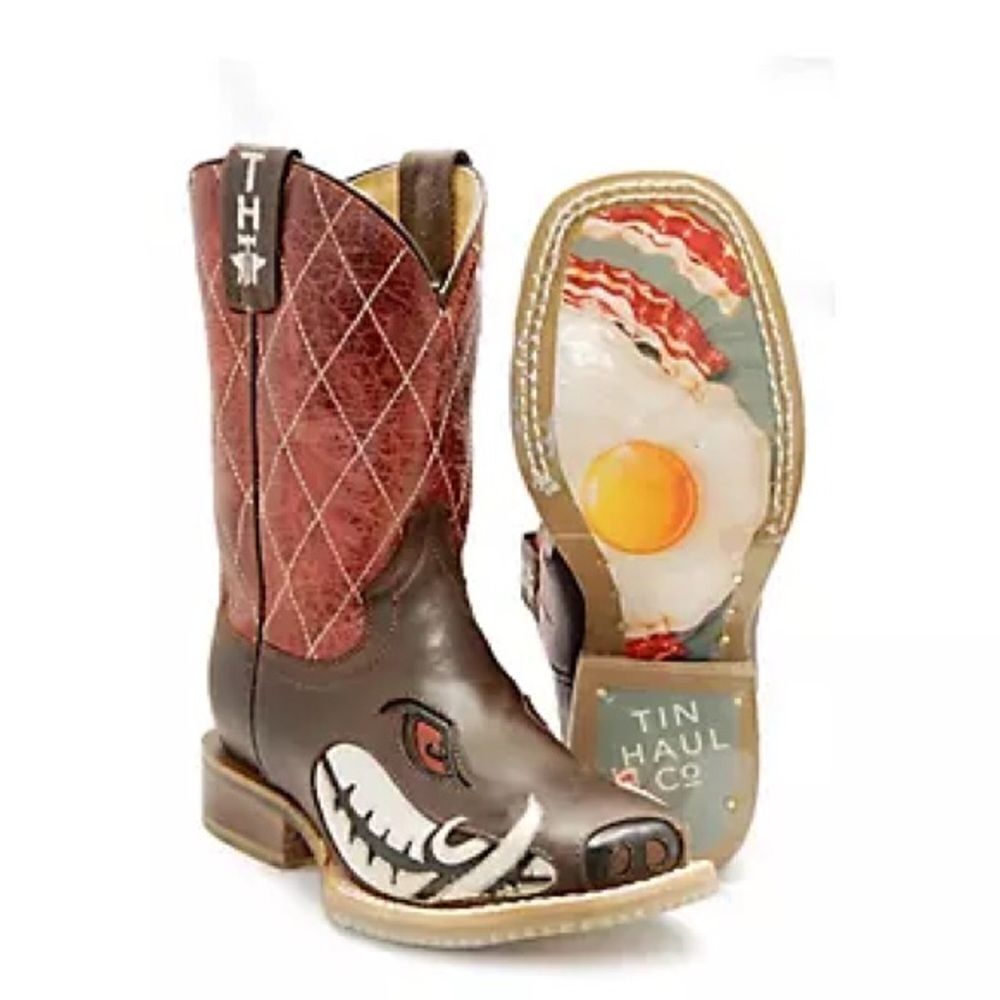 Tin Haul Big Kids Boots - Not Boaring Bacon/Eggs Size 2 Cowboy Boots